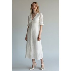 ASOS‎ Eyelet Midi Dress Button Front Puff Sleeve White Size 2